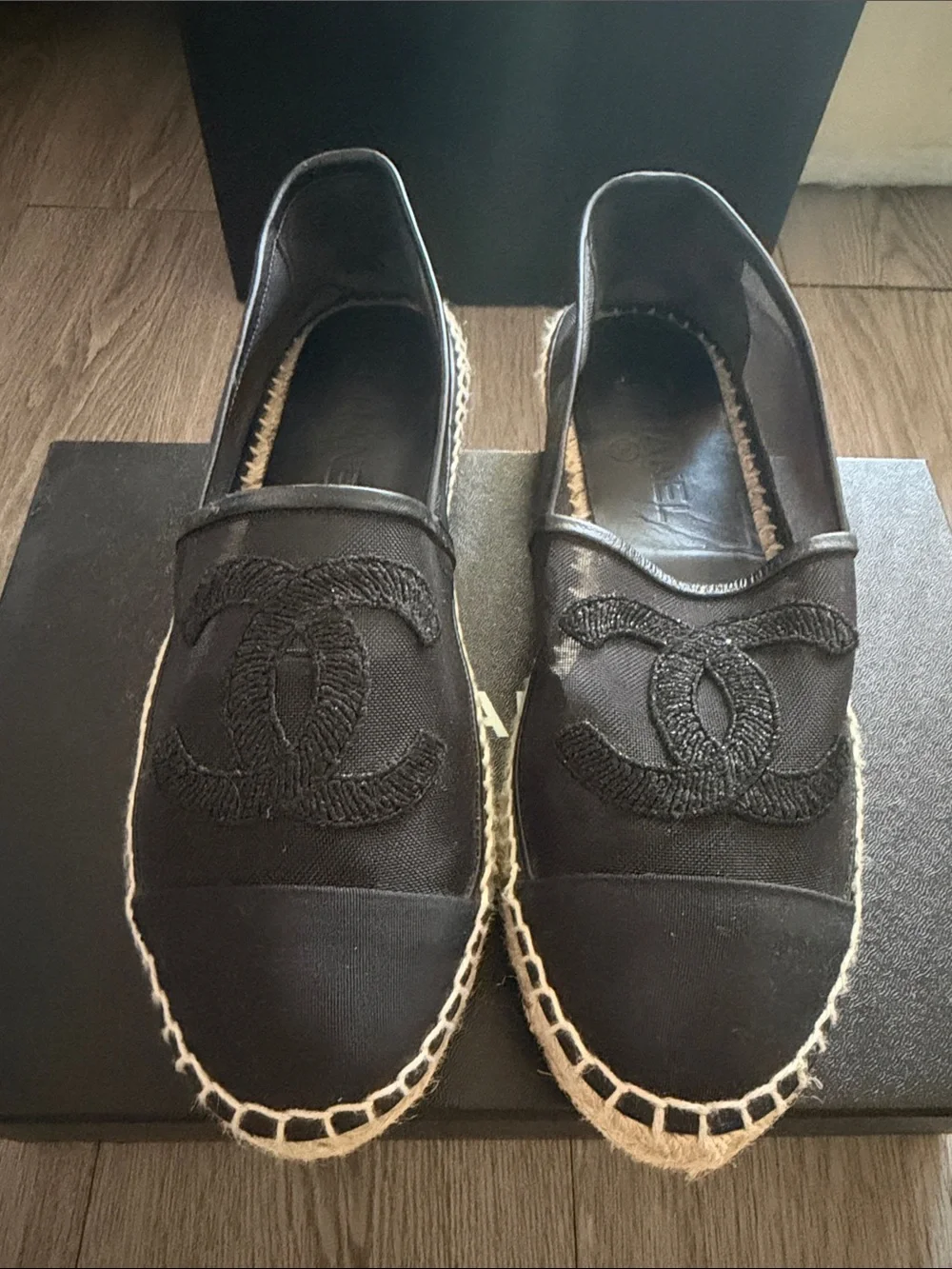 CHANEL Black Canvas Espadrille Flats with Interlocking CC